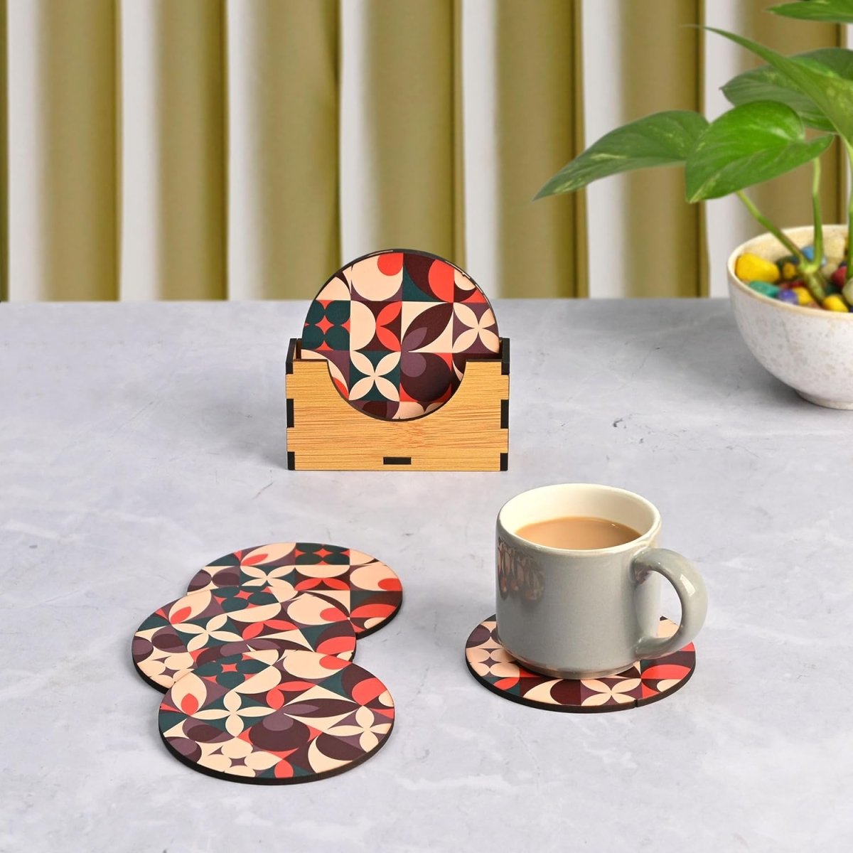 Coaster Set of 6 Modern Art Design | Wooden Coasters to Serve Tea Cups, Coffee Mugs and Glasses