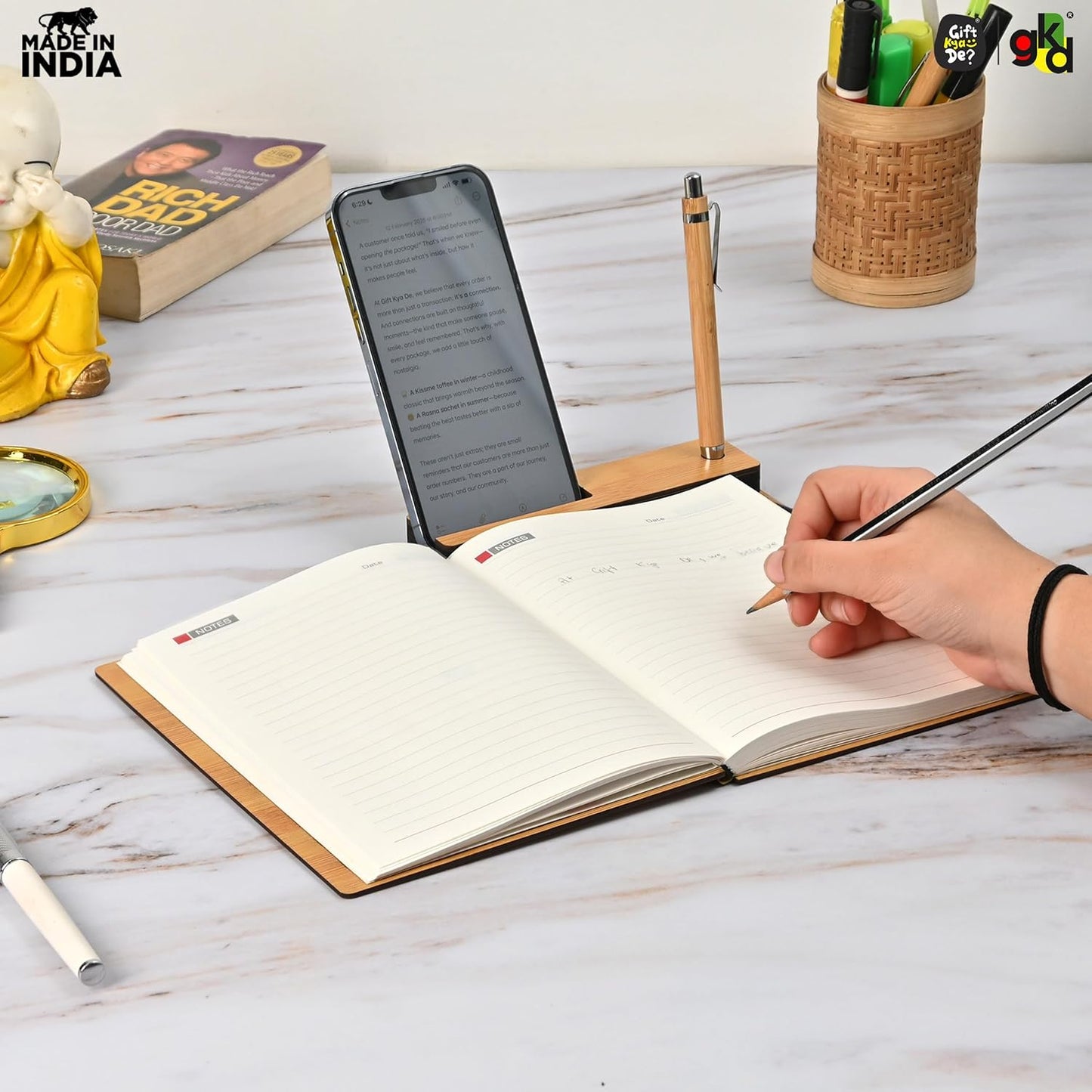 Wooden Diary with Mobile & Pen Stand | Customized Printed Photo/Logo or Motivational Quotes (Non-Customizable)