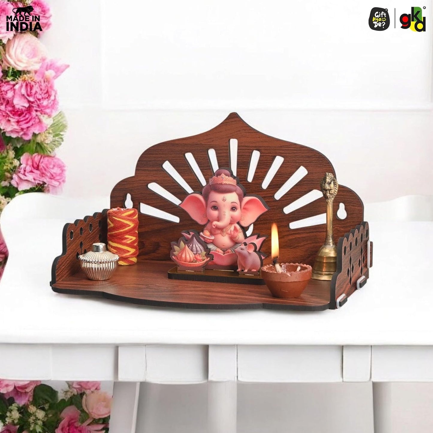 Wooden Pooja Mandir for Home & Office | Wall Hanging or Tabletop Temple | Compact DIY OM Mandir | 10x6x6.5 Inch