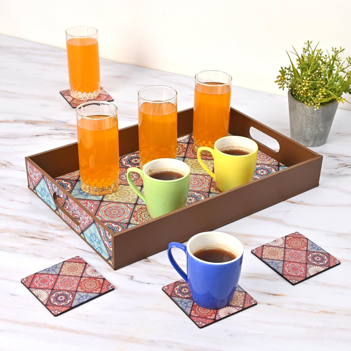 Wooden Serving Tray with 4 Free Coasters – 11x15 Inch Tea, Coffee & Snack Tray – Tray with Handles for Home, Kitchen & Dining