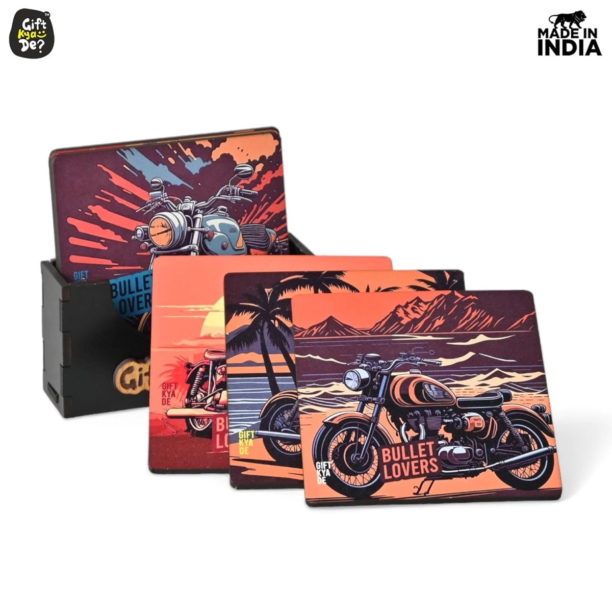 Coaster Set of 6 Bullet Bike & Thar Car Lover | Gifts with Proper Coaster Stand | Set fit for Tea Cups, Coffee Mugs and Glasses (Square 3.8 X 3.8 Inch)