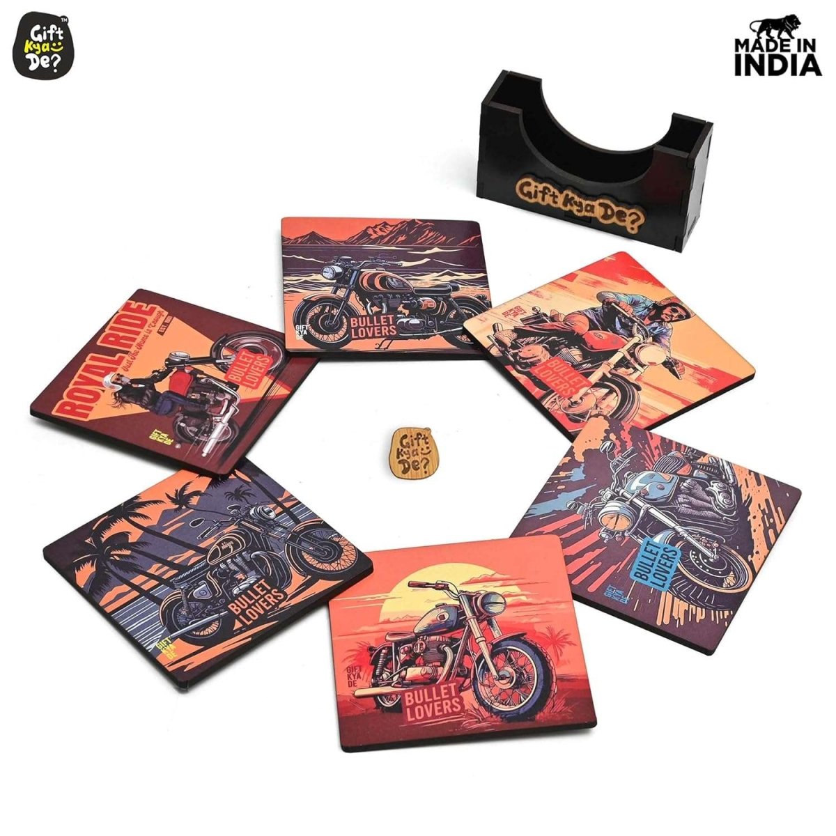 Coaster Set of 6 Bullet Bike & Thar Car Lover | Gifts with Proper Coaster Stand | Set fit for Tea Cups, Coffee Mugs and Glasses (Square 3.8 X 3.8 Inch)