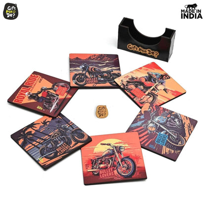 Coaster Set of 6 Bullet Bike & Thar Car Lover | Gifts with Proper Coaster Stand | Set fit for Tea Cups, Coffee Mugs and Glasses (Square 3.8 X 3.8 Inch)