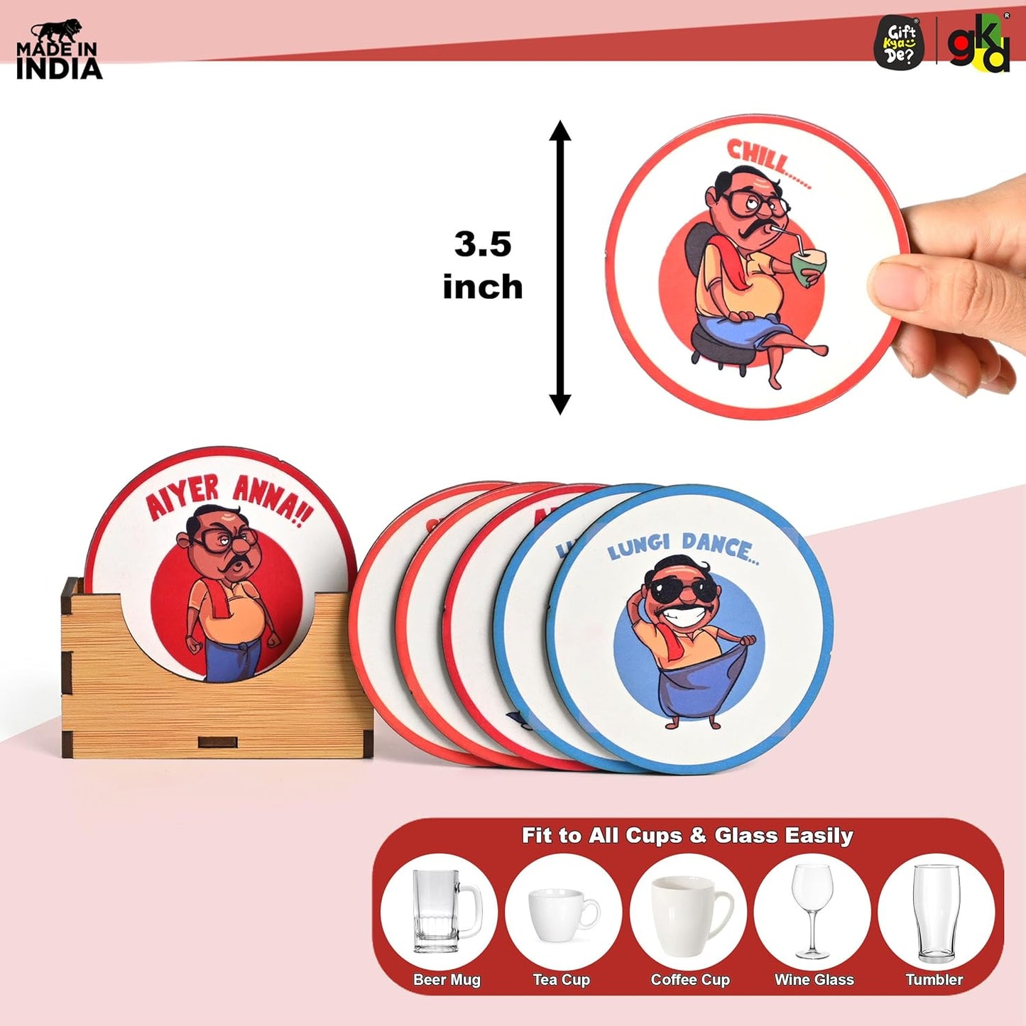South India-Themed Wooden Coaster Set of 6 with Stand – Fun & Quirky Tamil Designs