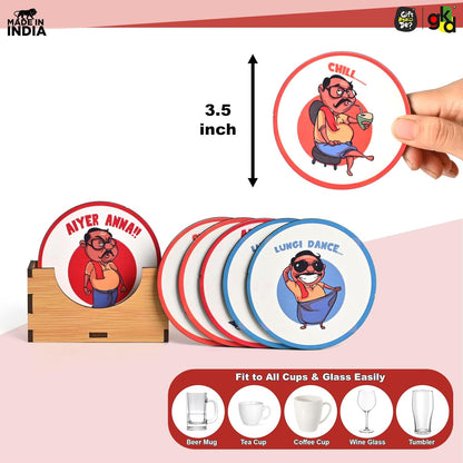 South India-Themed Wooden Coaster Set of 6 with Stand – Fun & Quirky Tamil Designs