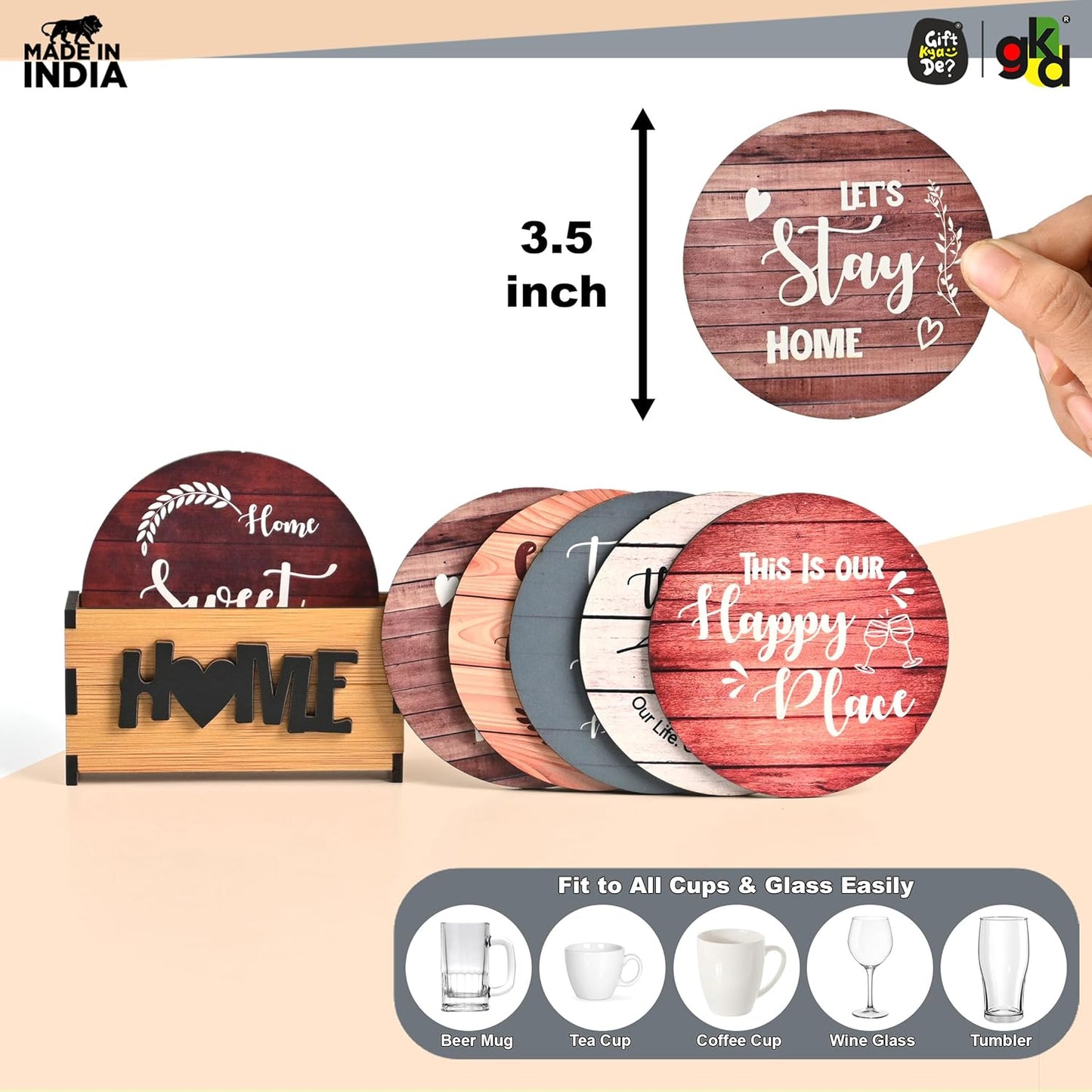 Home Quotes Wooden Coaster Set Of 6 With Stand – Perfect for Tea & Coffee Mugs