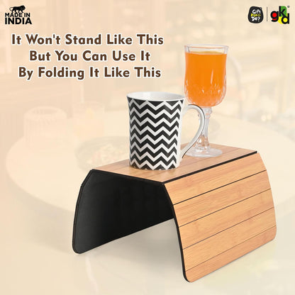 Foldable Sofa Armrest Tray | Bamboo Finish Couch Tray for Snacks, Drinks, Coffee | Available in Small & Large | Eco-Friendly MDF Wood