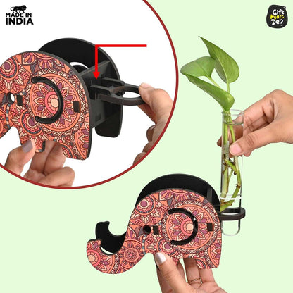 Elephant Shaped Wooden Pen Holder & Mobile Stand | Mandala Art Design | Also with Test Tube Planter