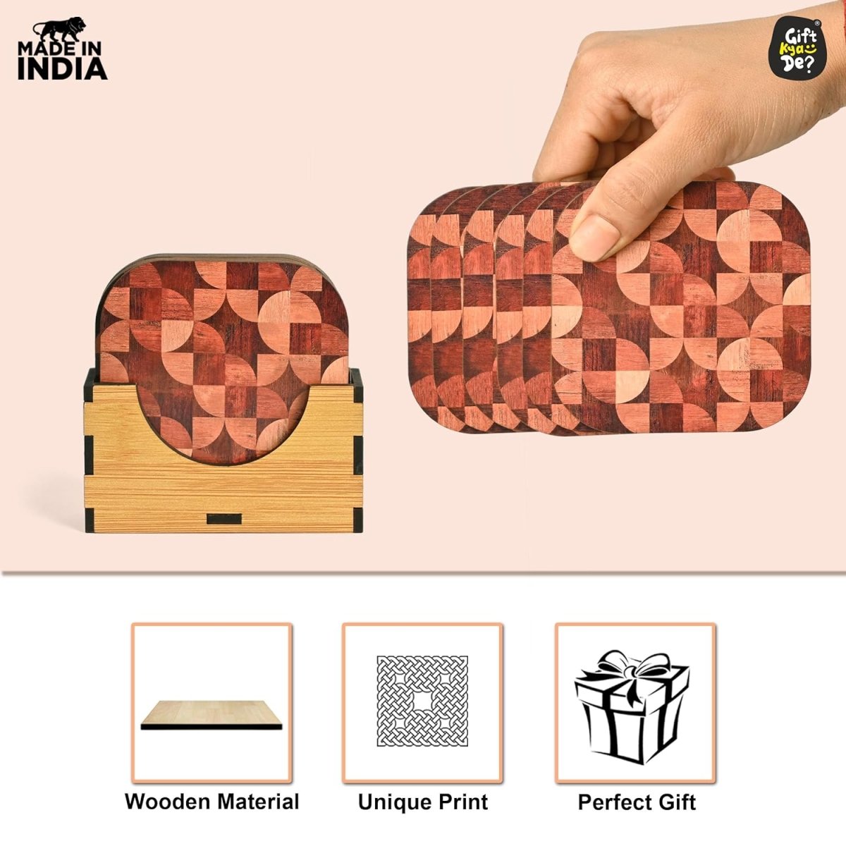 Coaster Set of 6 Woody Design | Wooden Coasters With Coaster Stand | Kitchen Accessories (Ecofriendly)