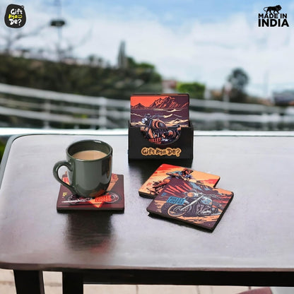 Coaster Set of 6 Bullet Bike & Thar Car Lover | Gifts with Proper Coaster Stand | Set fit for Tea Cups, Coffee Mugs and Glasses (Square 3.8 X 3.8 Inch)