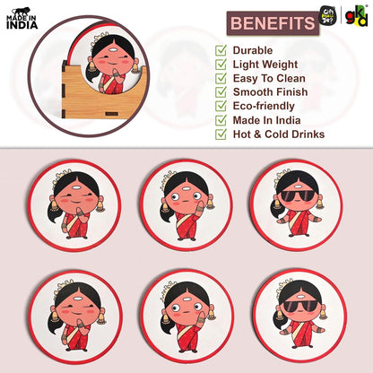 South India-Themed Wooden Coaster Set of 6 with Stand – Fun & Quirky Tamil Designs