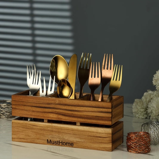 MustHome Premium Spoon stand for kitchen Wooden Cutlery Holder| 9.1X3X3.9 inc