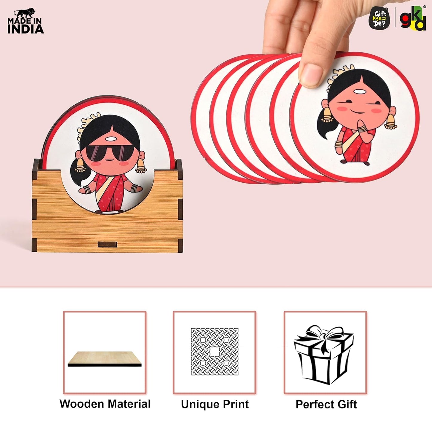 South India-Themed Wooden Coaster Set of 6 with Stand – Fun & Quirky Tamil Designs