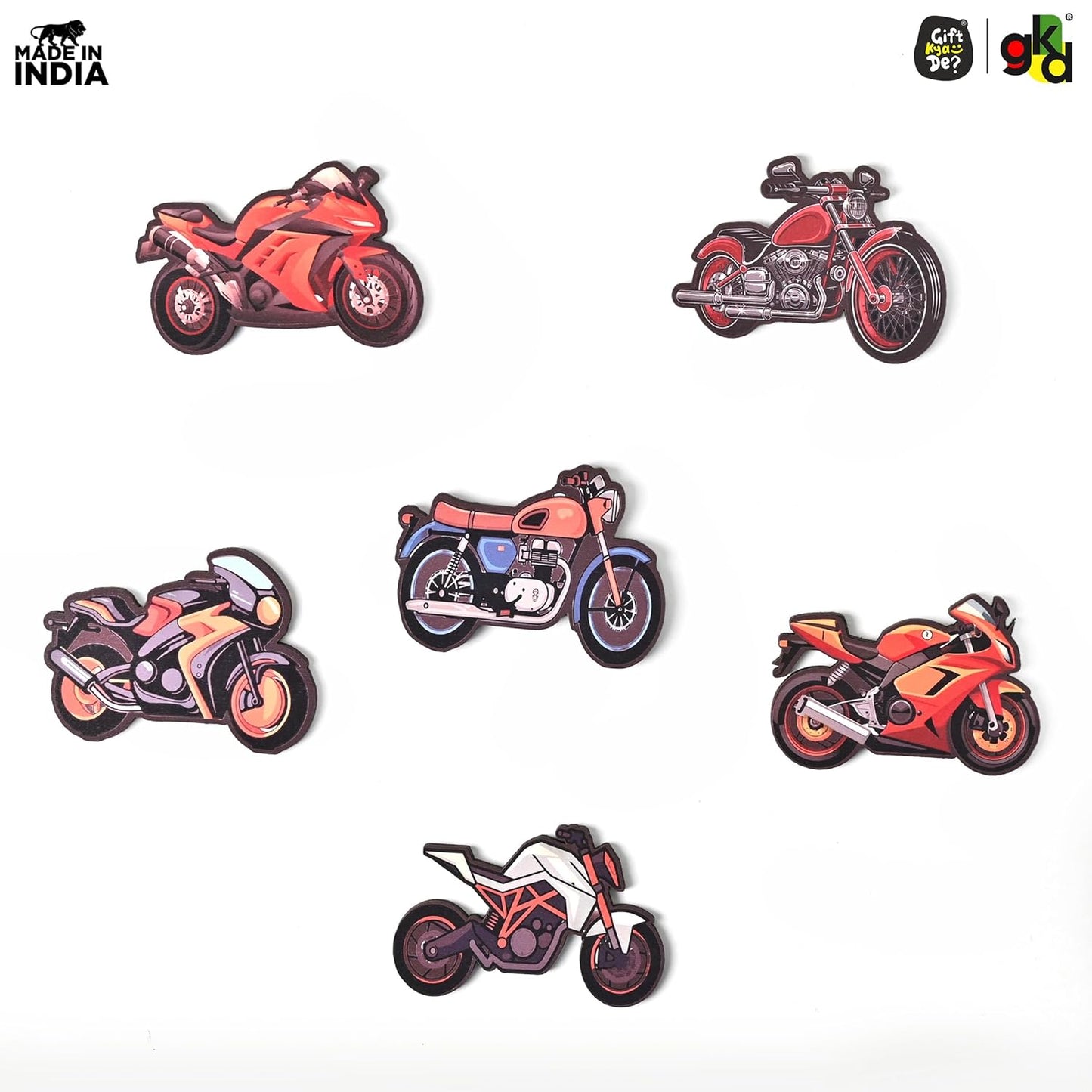 Wooden Fridge Magnet Set – Pack of 6 | Available in Bike Designs, Motivational Quotes, and Quirky Fun Characters | Aesthetic Fridge Décor