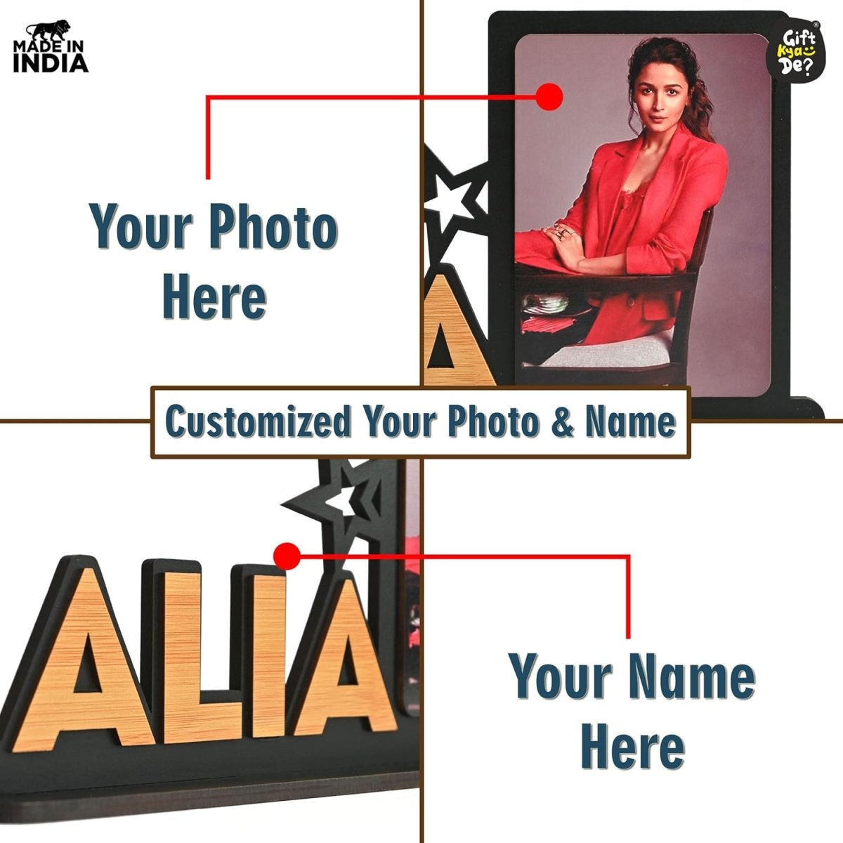 Personalized Wooden Photo Frame with Name and Photo | Gifts for Birthday, Anniversary & Valentine's Day | Table Mount Phone Frame