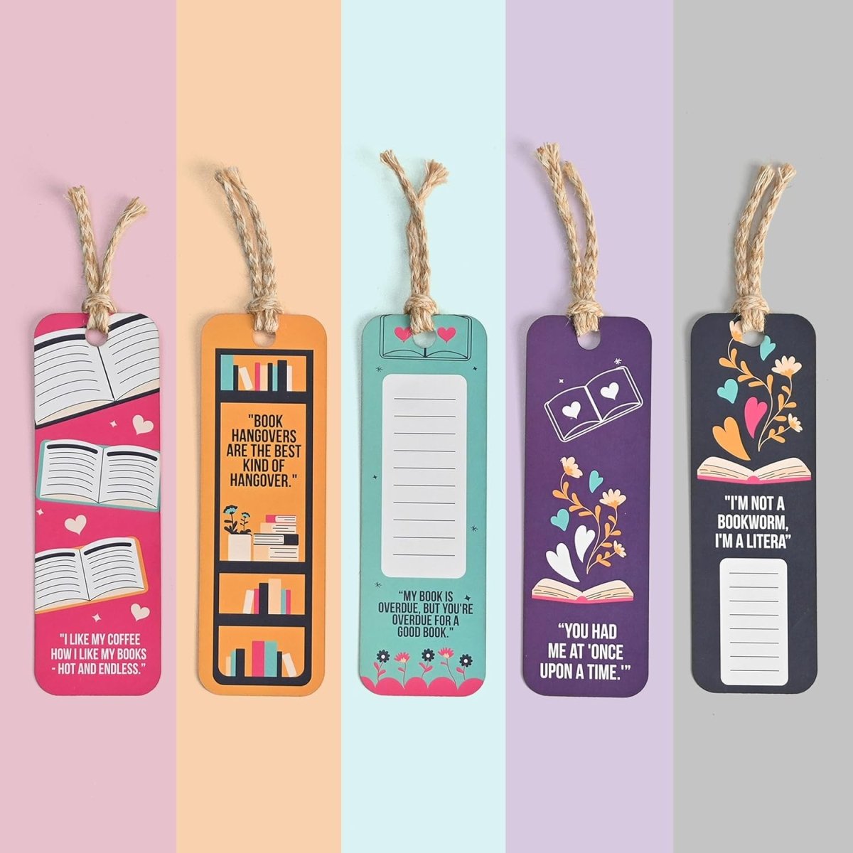 Bookmarks Set of 5 | Beautiful Designs & Quotes | Hard Paper Book Marker With Handmade Tassel Dori