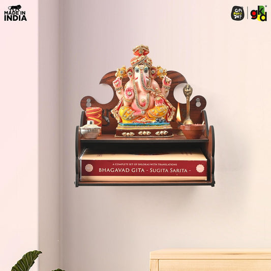 Wooden Shubh Labh Mandir With Utility Shelf | Small Pooja Temple for Table, Wall, or Shelf | DIY | 8x8x8.5 Inch