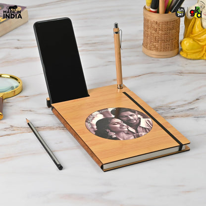 Wooden Diary with Mobile & Pen Stand | Customized Printed Photo/Logo or Motivational Quotes (Non-Customizable)
