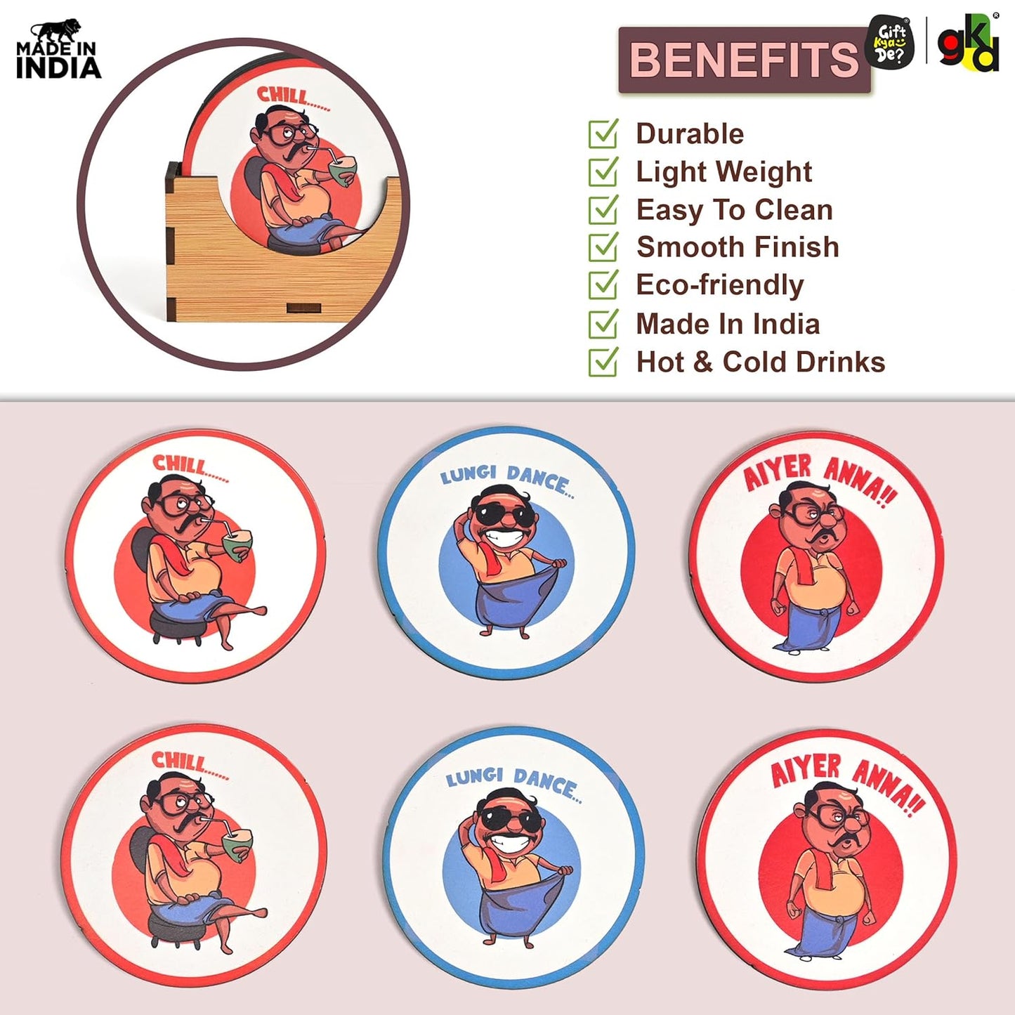 South India-Themed Wooden Coaster Set of 6 with Stand – Fun & Quirky Tamil Designs