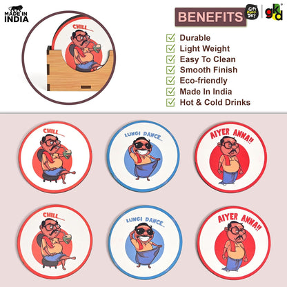 South India-Themed Wooden Coaster Set of 6 with Stand – Fun & Quirky Tamil Designs