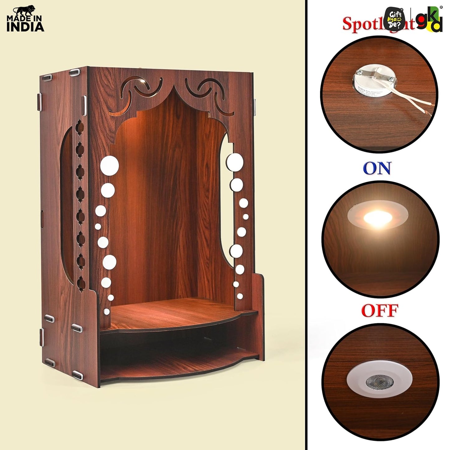 Wooden Temple for Home Wall Mounted with LED Light | Traditional & Modern Pooja Mandir Designs | Easy to Assemble (DIY)