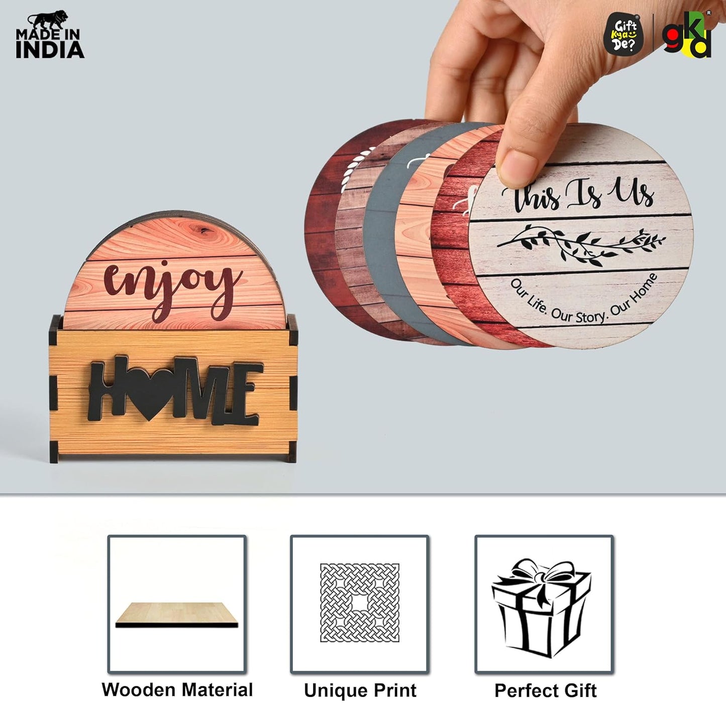 Home Quotes Wooden Coaster Set Of 6 With Stand – Perfect for Tea & Coffee Mugs