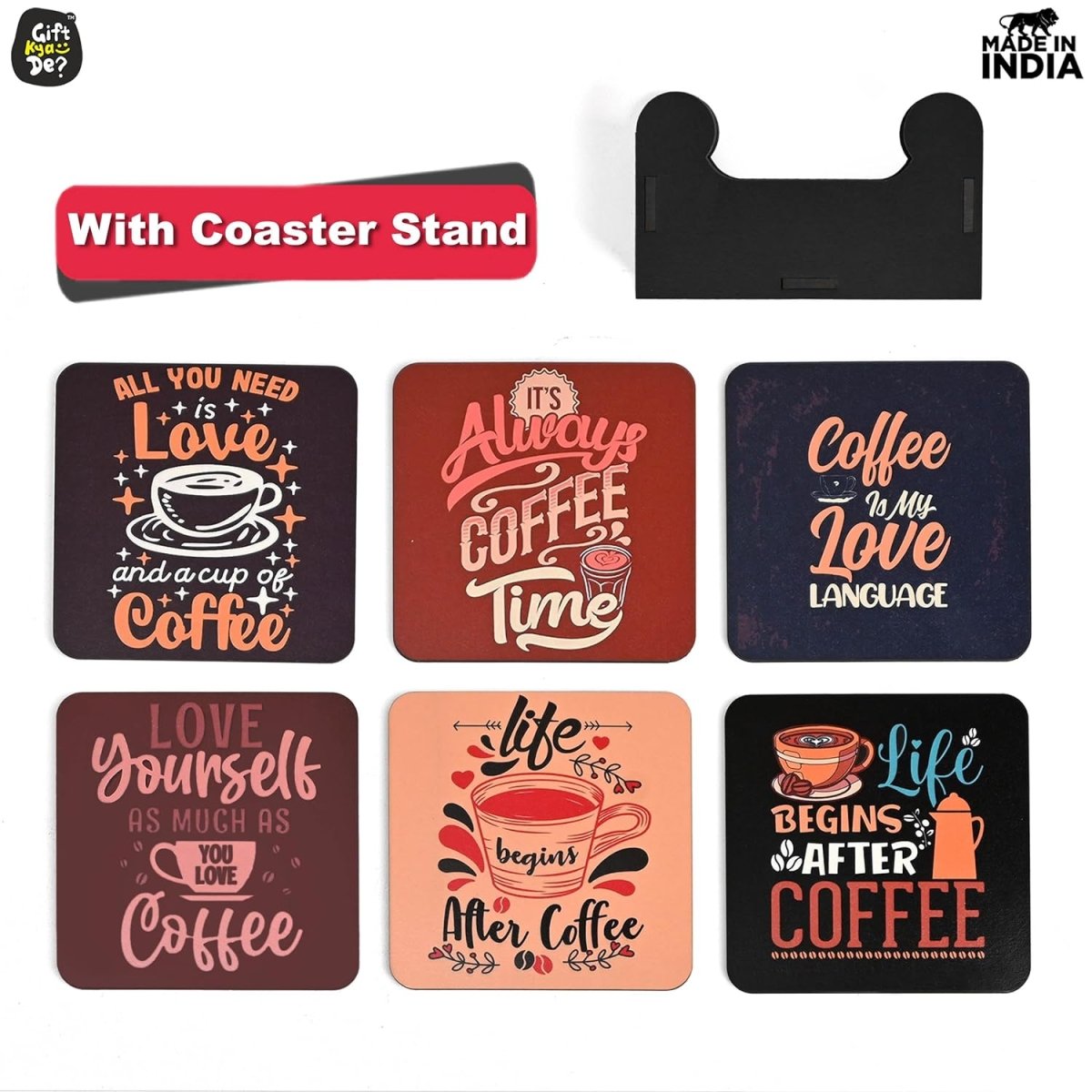 Coaster Set of 12 | Wooden Square Coasters with Proper Coaster Stand | Designer Coaster Set