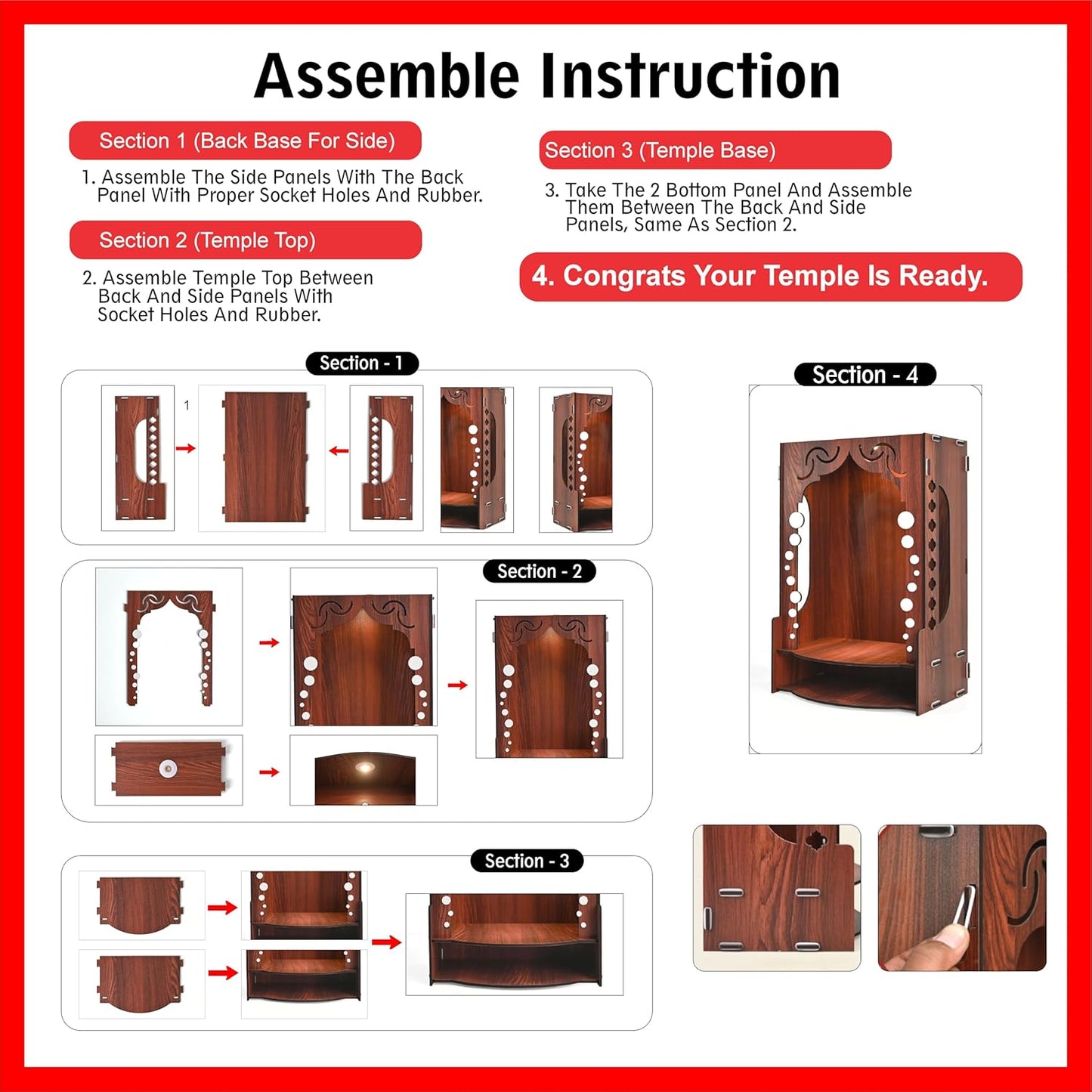 Wooden Temple for Home Wall Mounted with LED Light | Traditional & Modern Pooja Mandir Designs | Easy to Assemble (DIY)