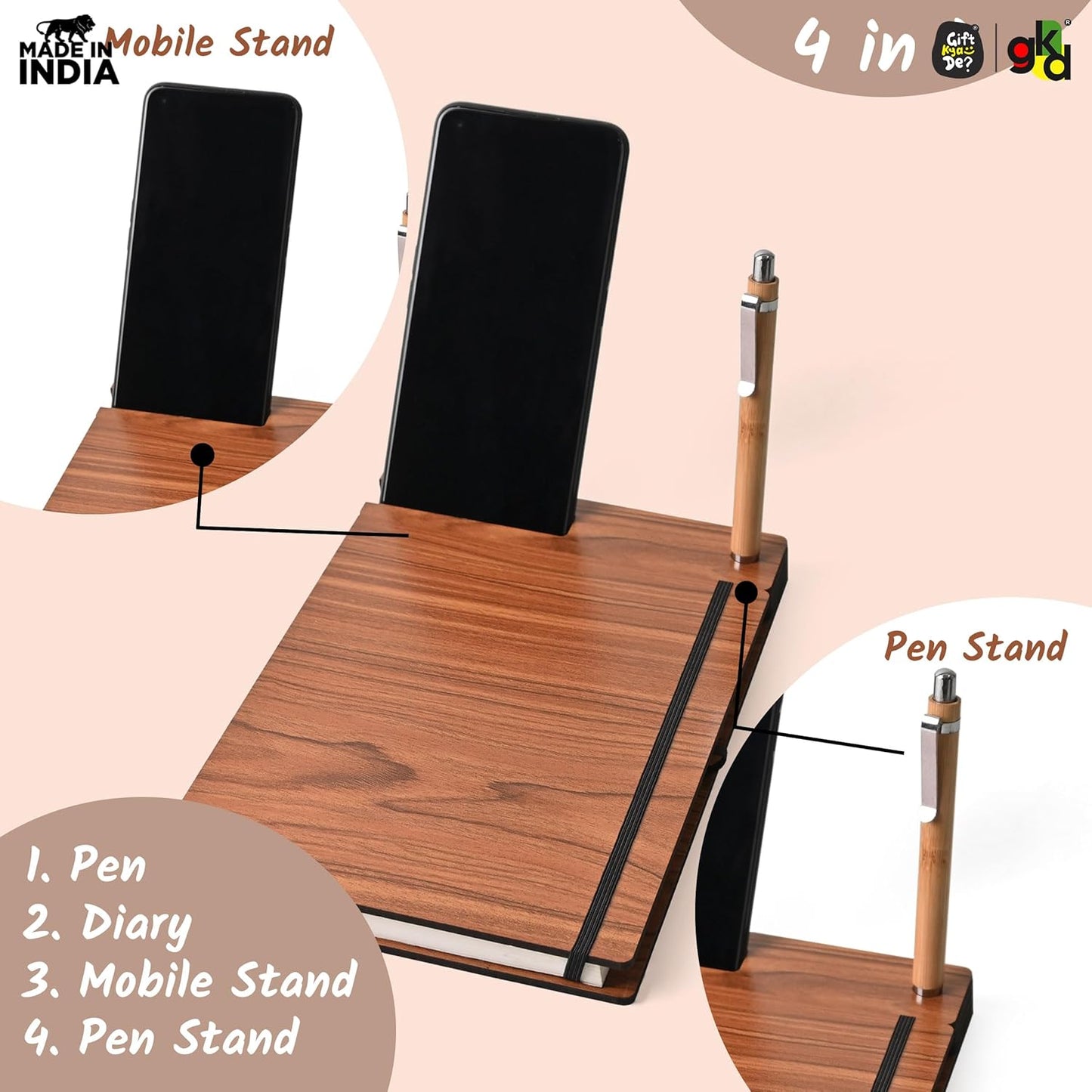 Wooden Smart Diary with Mobile Holder & Pen Stand | Includes Wooden Pen | Useful Gift For Office, Corporate & Personal Use