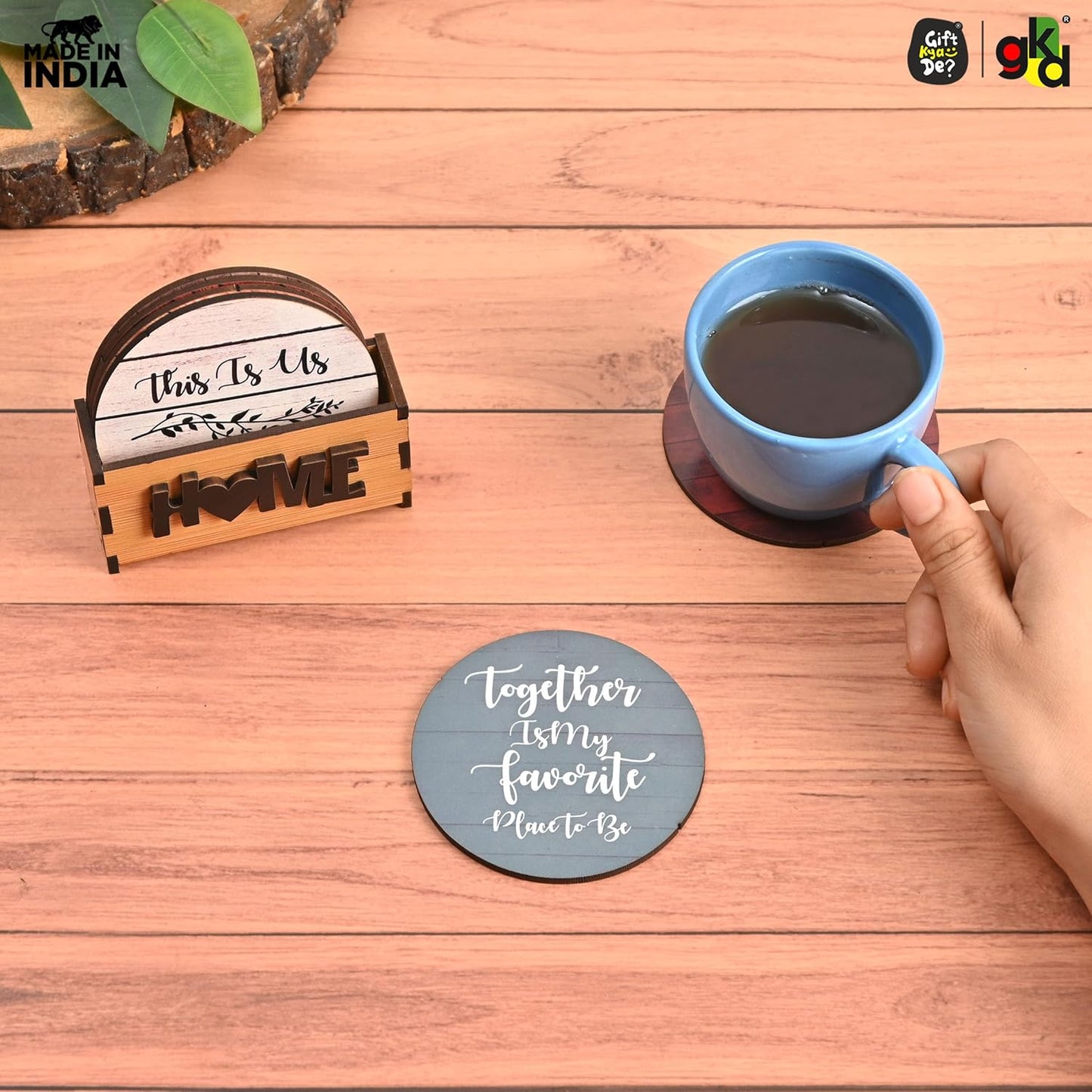 Home Quotes Wooden Coaster Set Of 6 With Stand – Perfect for Tea & Coffee Mugs