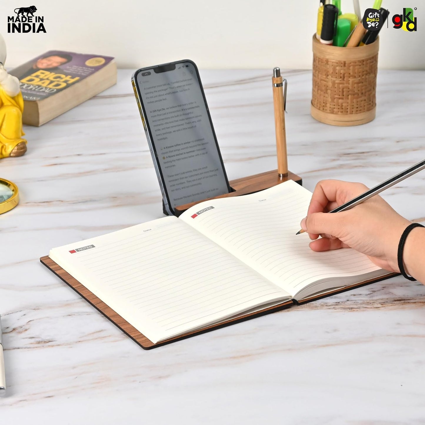 Wooden Smart Diary with Mobile Holder & Pen Stand | Includes Wooden Pen | Useful Gift For Office, Corporate & Personal Use