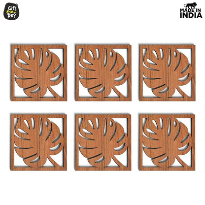 Coaster Set of 6 Leaf Cutwork Design | Wooden Coasters to Serve Tea Cups, Coffee Mugs and Glasses