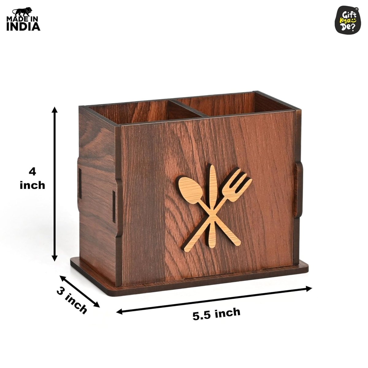 2 Compartments Wooden Cutlery Stand for Kitchen & Dining Table | Spoon, Knife & Fork Holder