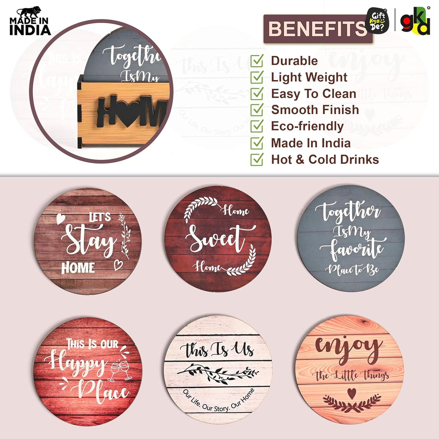 Home Quotes Wooden Coaster Set Of 6 With Stand – Perfect for Tea & Coffee Mugs