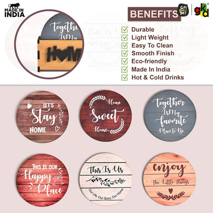 Home Quotes Wooden Coaster Set Of 6 With Stand – Perfect for Tea & Coffee Mugs