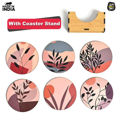 Coaster Set of 6 Modern Art Design | Wooden Coasters to Serve Tea Cups, Coffee Mugs and Glasses
