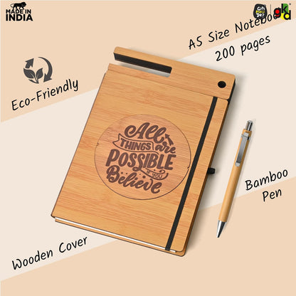 Wooden Diary with Mobile & Pen Stand | Customized Printed Photo/Logo or Motivational Quotes (Non-Customizable)
