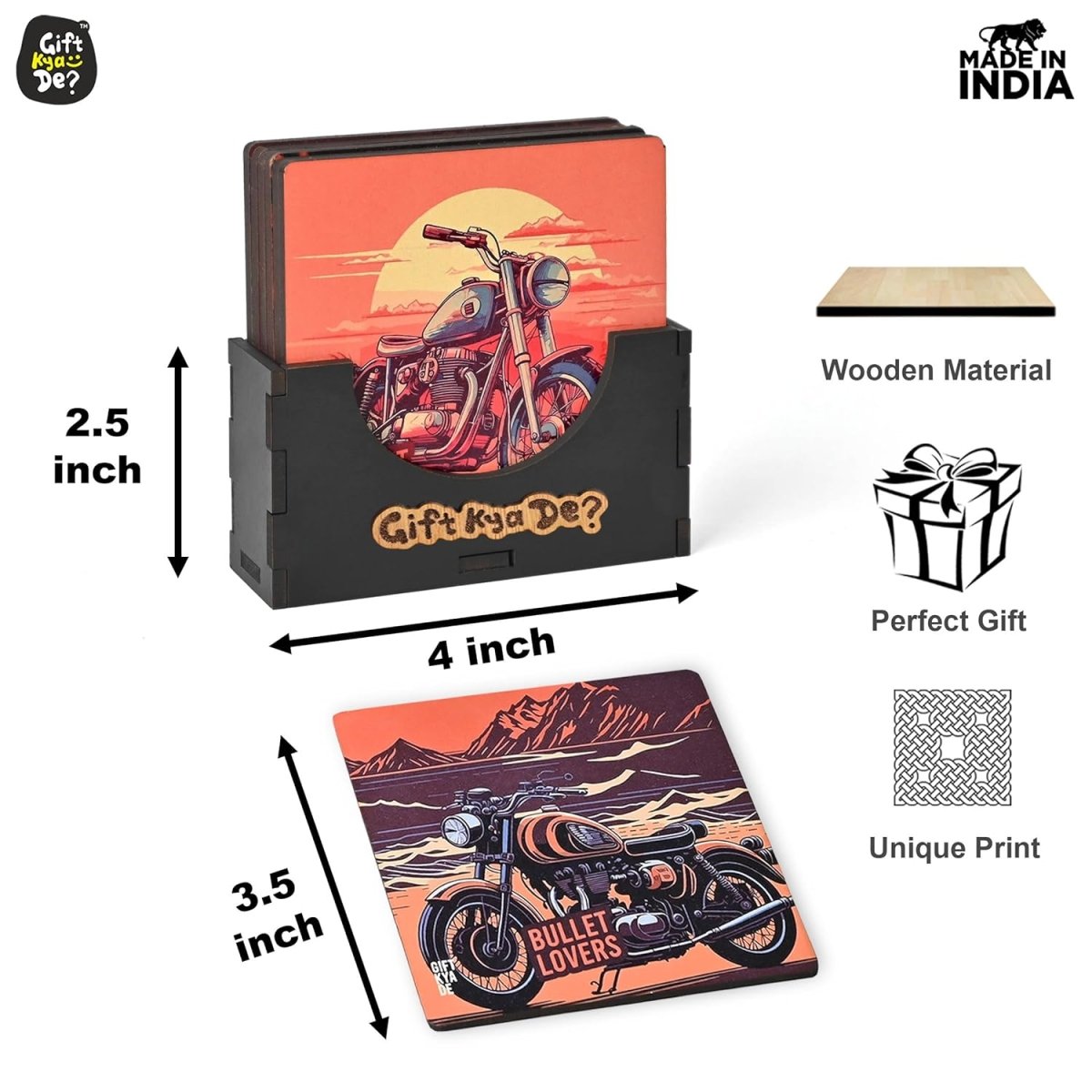 Coaster Set of 6 Bullet Bike & Thar Car Lover | Gifts with Proper Coaster Stand | Set fit for Tea Cups, Coffee Mugs and Glasses (Square 3.8 X 3.8 Inch)