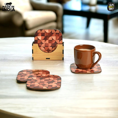 Coaster Set of 6 Woody Design | Wooden Coasters With Coaster Stand | Kitchen Accessories (Ecofriendly)