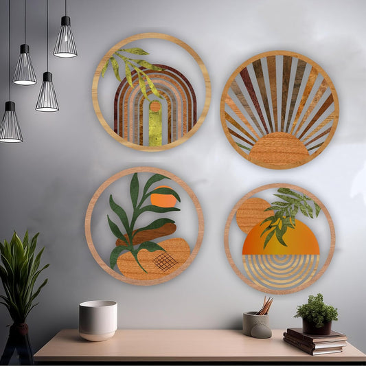 MustHome, Boho Wall Decor Set of 4, Multicolor, Wooden, 10 Inches