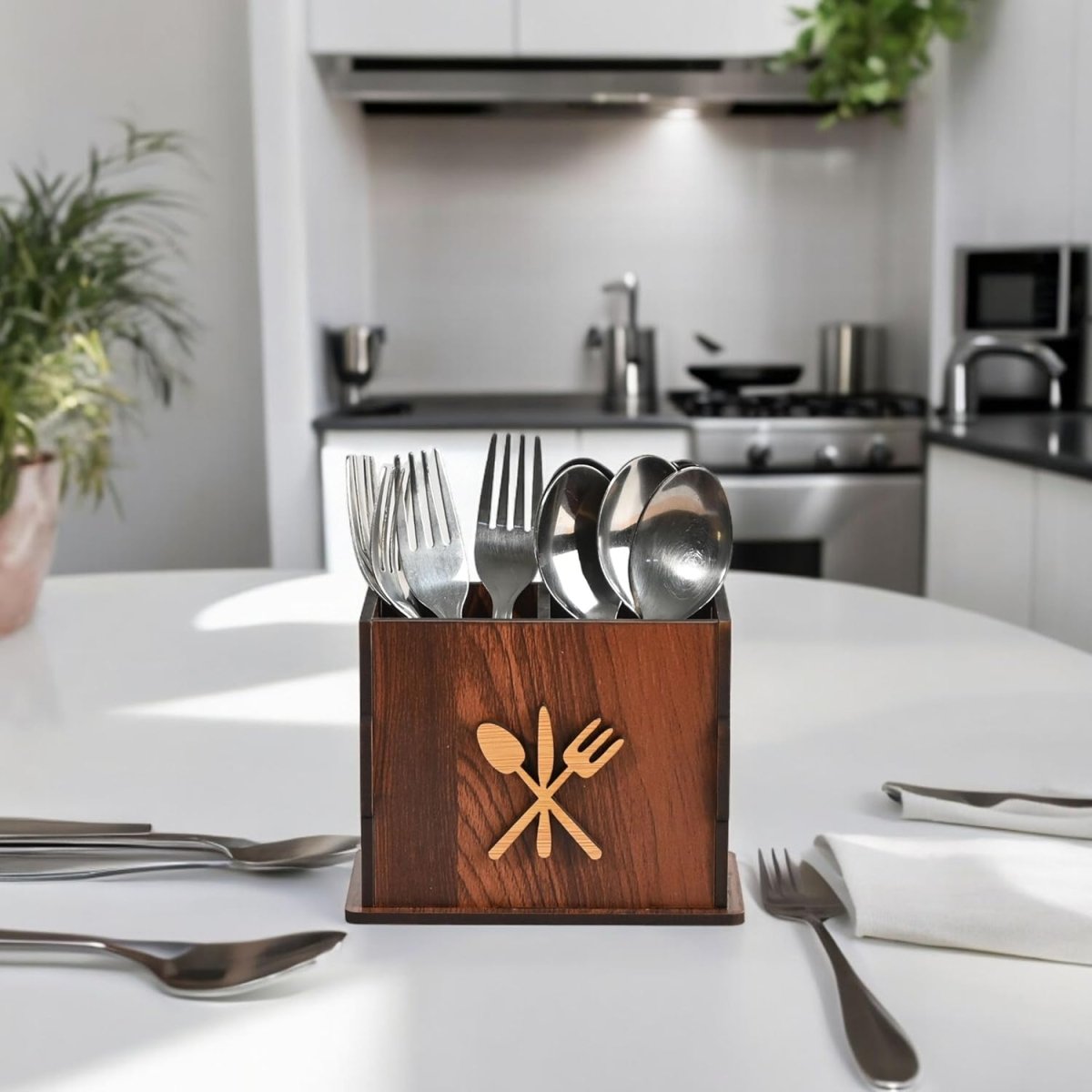 2 Compartments Wooden Cutlery Stand for Kitchen & Dining Table | Spoon, Knife & Fork Holder