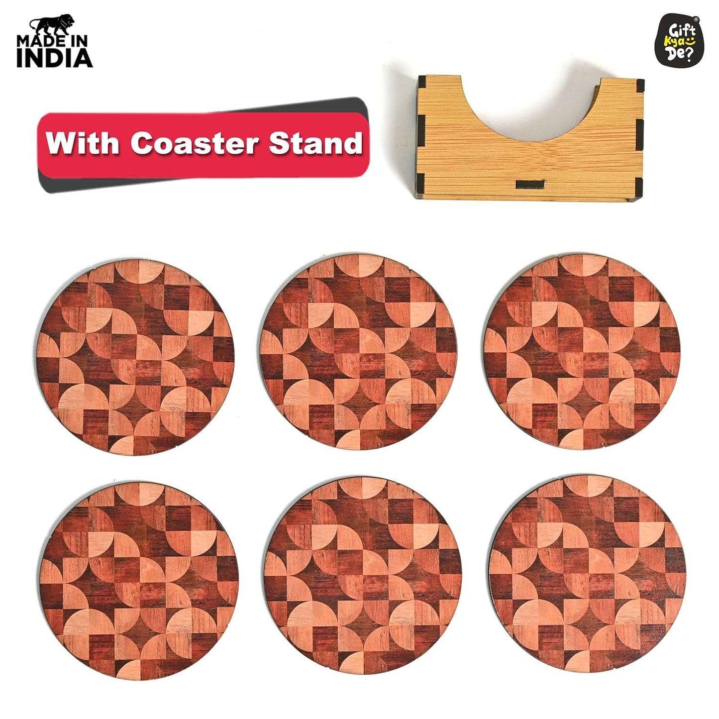 Coaster Set of 6 Woody Design | Wooden Coasters With Coaster Stand | Kitchen Accessories (Ecofriendly)