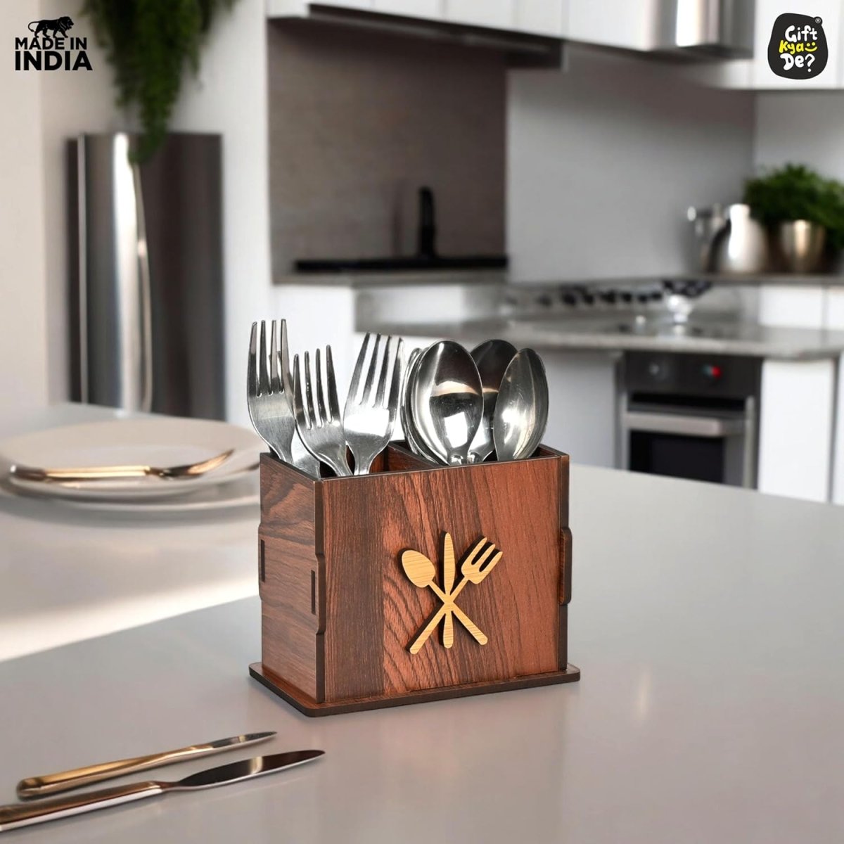 2 Compartments Wooden Cutlery Stand for Kitchen & Dining Table | Spoon, Knife & Fork Holder