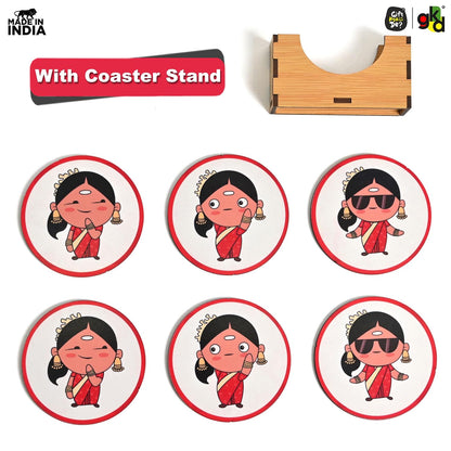 South India-Themed Wooden Coaster Set of 6 with Stand – Fun & Quirky Tamil Designs