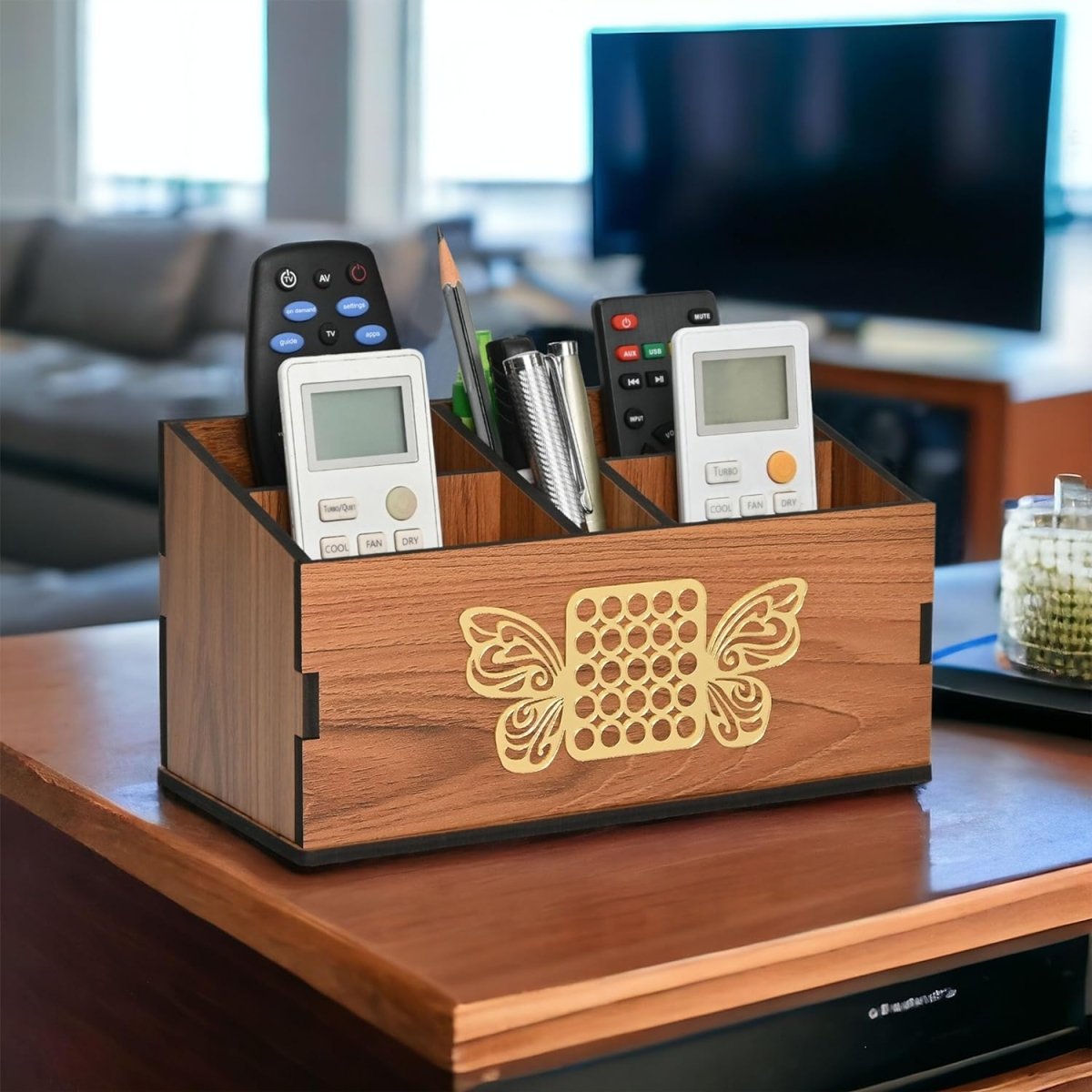 Wooden Remote Stand with 5 Sections | Remote Holder for TV and AC | Stationary Organizer | Ideal for Home and Office