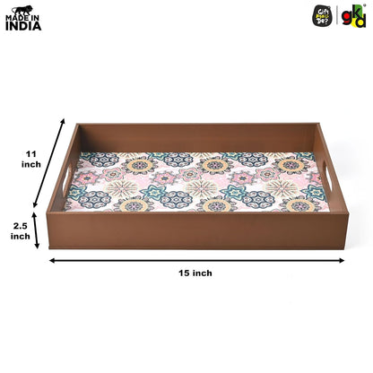 Wooden Serving Tray with 4 Free Coasters – 11x15 Inch Tea, Coffee & Snack Tray – Tray with Handles for Home, Kitchen & Dining