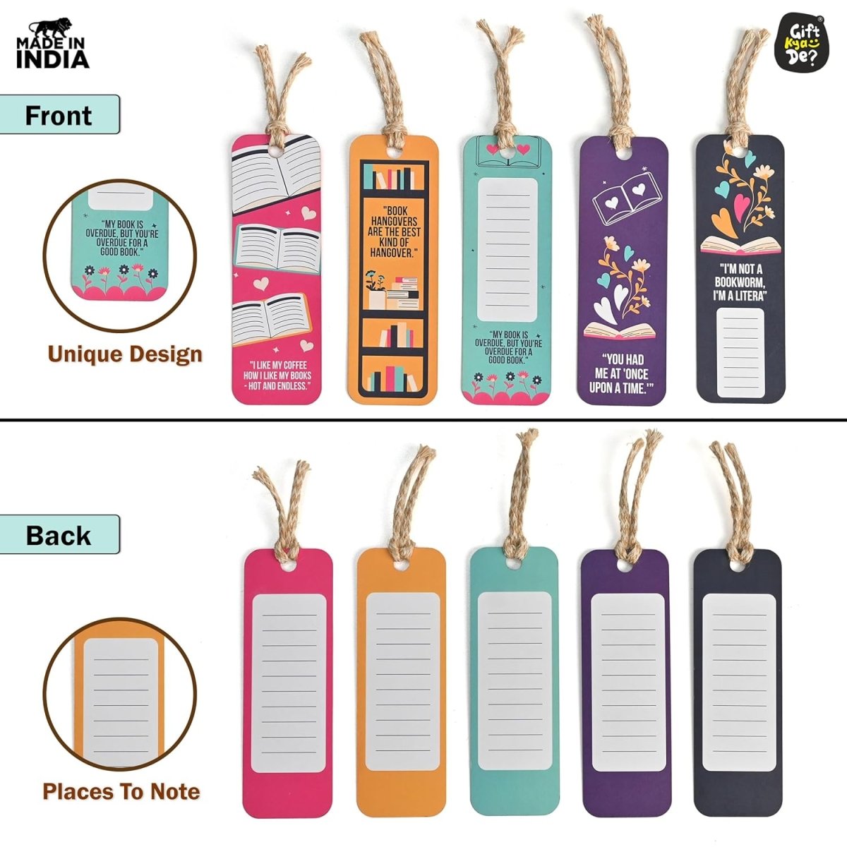 Bookmarks Set of 5 | Beautiful Designs & Quotes | Hard Paper Book Marker With Handmade Tassel Dori