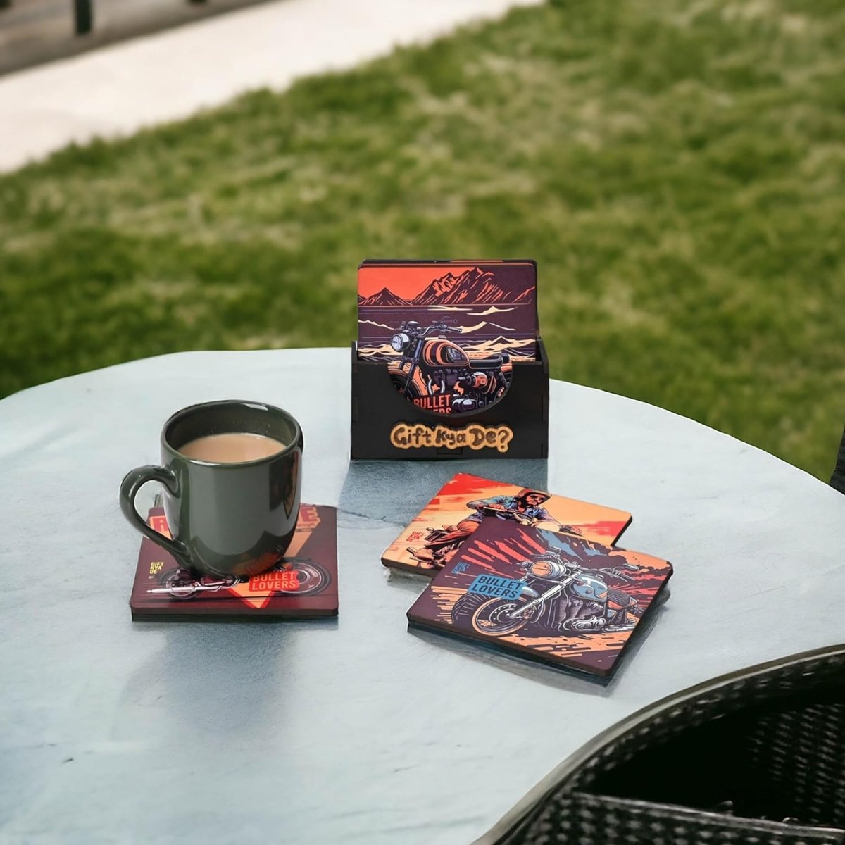 Coaster Set of 6 Bullet Bike & Thar Car Lover | Gifts with Proper Coaster Stand | Set fit for Tea Cups, Coffee Mugs and Glasses (Square 3.8 X 3.8 Inch)