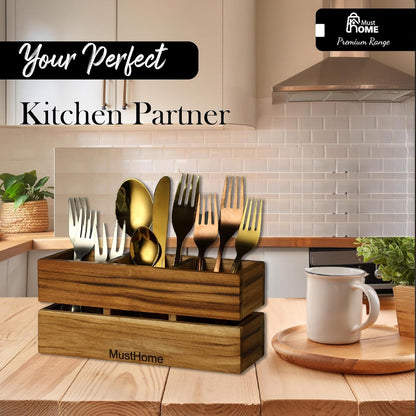 MustHome Premium Spoon stand for kitchen Wooden Cutlery Holder| 9.1X3X3.9 inc