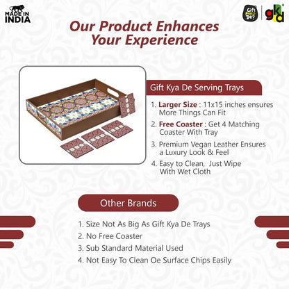 Wooden Serving Tray with 4 Free Coasters – 11x15 Inch Tea, Coffee & Snack Tray – Tray with Handles for Home, Kitchen & Dining